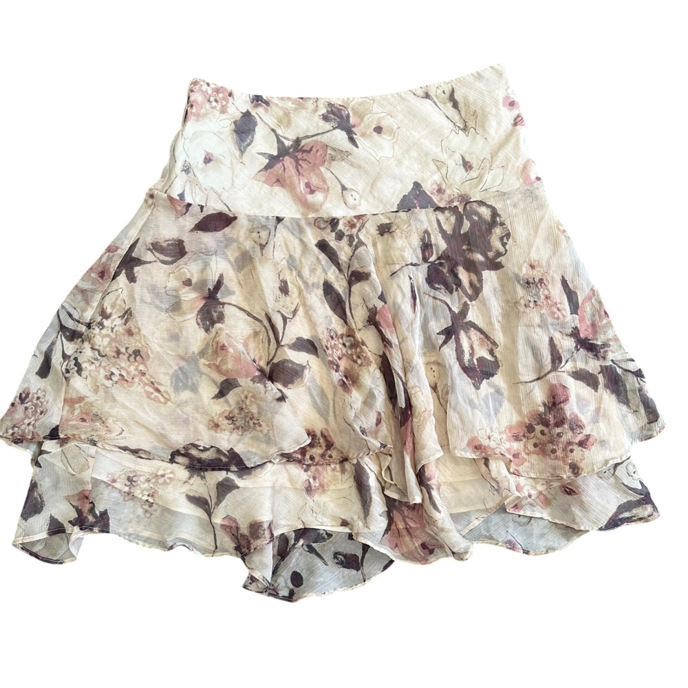 Lauren Ralph Lauren Petite Floral Tiered Ruffle Mini Skirt Cream Brown 6P